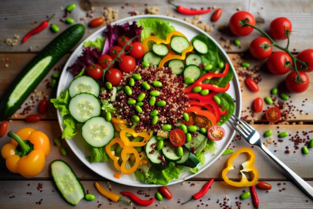 Rainbow Veggie & Quinoa Salad - Colorful and nutritious vegan salad with quinoa and edamame