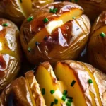 Golden-brown baked potatoes on a tray inside a convection oven, showing the ideal way to cook them with crispy skins and fluffy interiors in just a few steps.