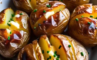 Golden-brown baked potatoes on a tray inside a convection oven, showing the ideal way to cook them with crispy skins and fluffy interiors in just a few steps.