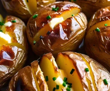 Golden-brown baked potatoes on a tray inside a convection oven, showing the ideal way to cook them with crispy skins and fluffy interiors in just a few steps.