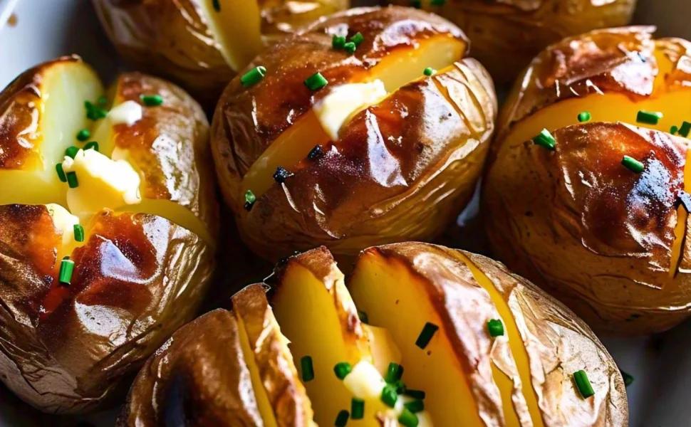 Golden-brown baked potatoes on a tray inside a convection oven, showing the ideal way to cook them with crispy skins and fluffy interiors in just a few steps.