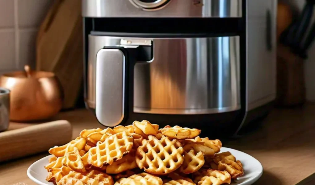 Crispy, golden waffle fries in an air fryer basket, ready to serve with a side of dipping sauce, perfectly cooked and delicious.