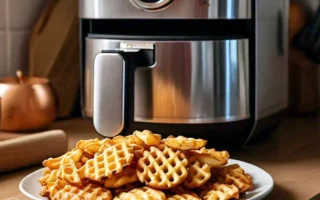 Crispy, golden waffle fries in an air fryer basket, ready to serve with a side of dipping sauce, perfectly cooked and delicious.