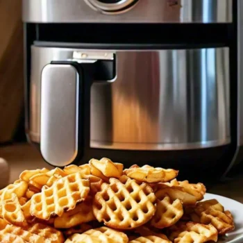 Crispy, golden waffle fries in an air fryer basket, ready to serve with a side of dipping sauce, perfectly cooked and delicious.