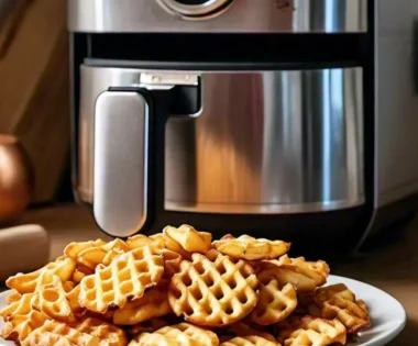 Crispy, golden waffle fries in an air fryer basket, ready to serve with a side of dipping sauce, perfectly cooked and delicious.