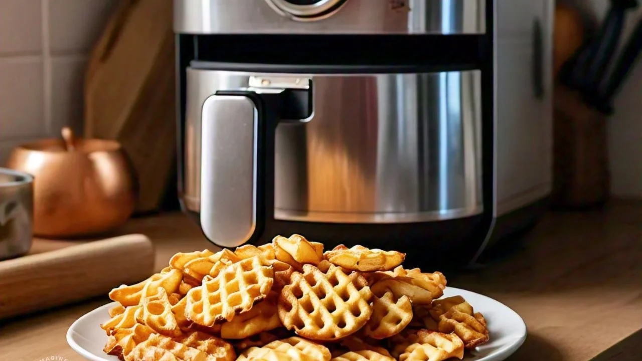 Crispy, golden waffle fries in an air fryer basket, ready to serve with a side of dipping sauce, perfectly cooked and delicious.