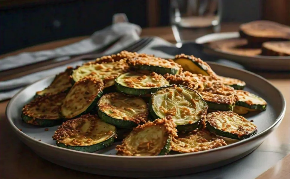 Golden-brown vegan air-fried zucchini slices, seasoned with herbs and spices, arranged on a dish placed on a dining table set with cutlery and a napkin, with a cozy kitchen or dining area softly lit in the background.