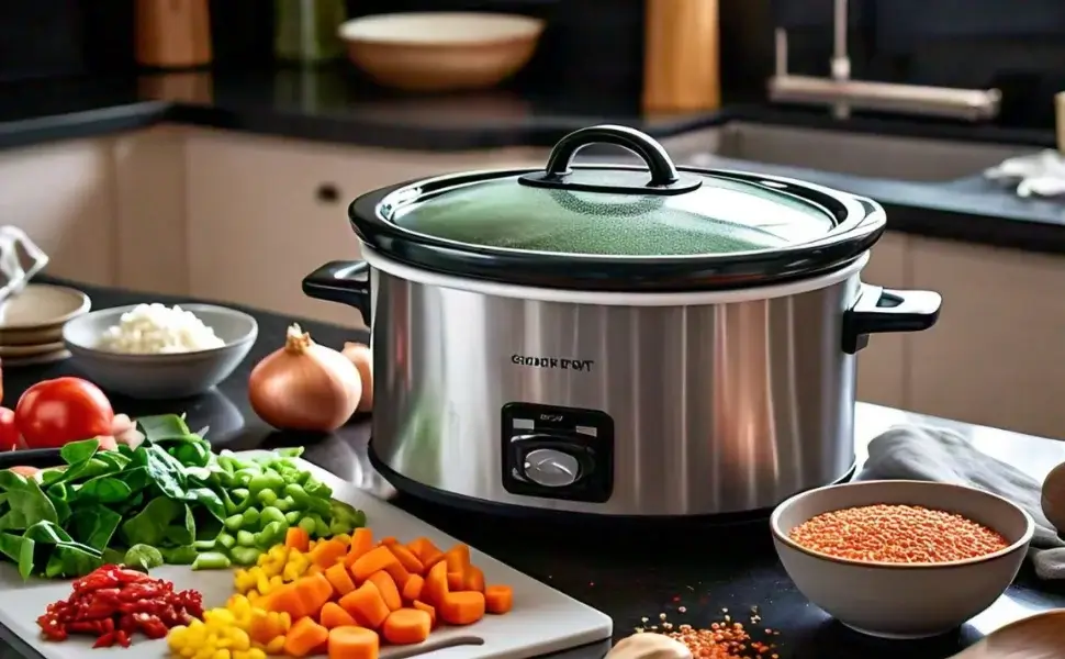 Step-by-step preparation of vegetable and lentil soup in a slow cooker, showcasing fresh ingredients and cooking process.