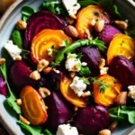 Roasted Beetroot and Feta Salad: A vibrant mix of roasted beets, crumbled feta, greens, and balsamic vinaigrette.