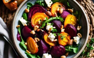 Roasted Beetroot and Feta Salad: A vibrant mix of roasted beets, crumbled feta, greens, and balsamic vinaigrette.