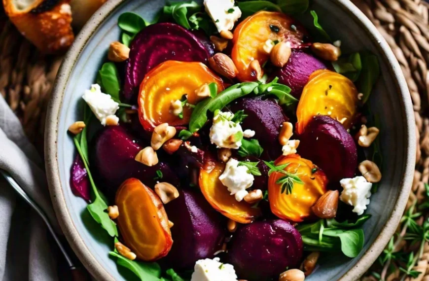 Roasted Beetroot and Feta Salad: A vibrant mix of roasted beets, crumbled feta, greens, and balsamic vinaigrette.