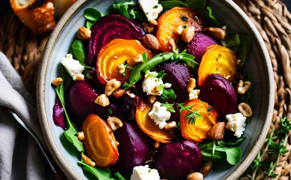 Roasted Beetroot and Feta Salad: A vibrant mix of roasted beets, crumbled feta, greens, and balsamic vinaigrette.