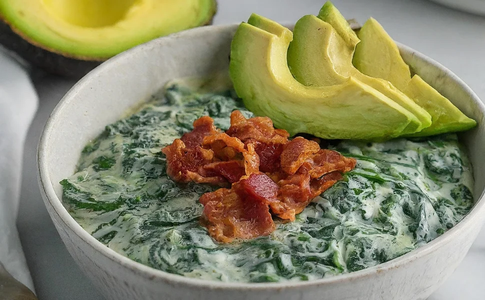 A rich and creamy keto-friendly creamed spinach served in a skillet with garlic and cream cheese.