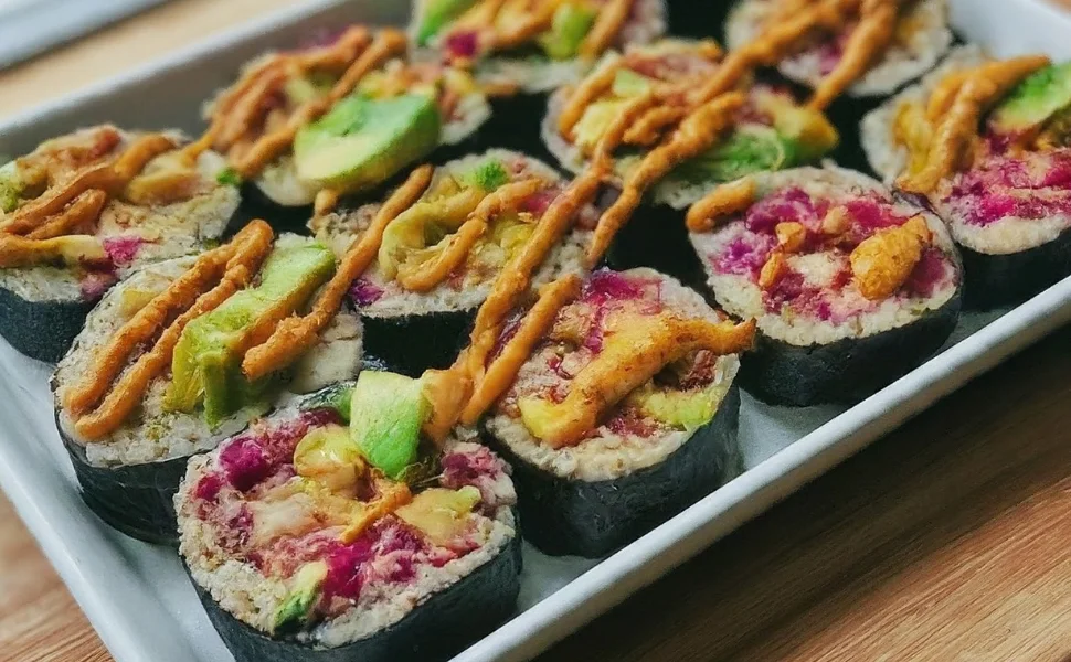 A savory vegan sushi bake with layers of rice, tofu, avocado, and nori, topped with spicy mayo.